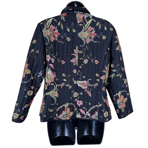 Silkland 100% Black Silk Floral Print Puffer Jacket Women’s Size Petite - Picture 5 of 11